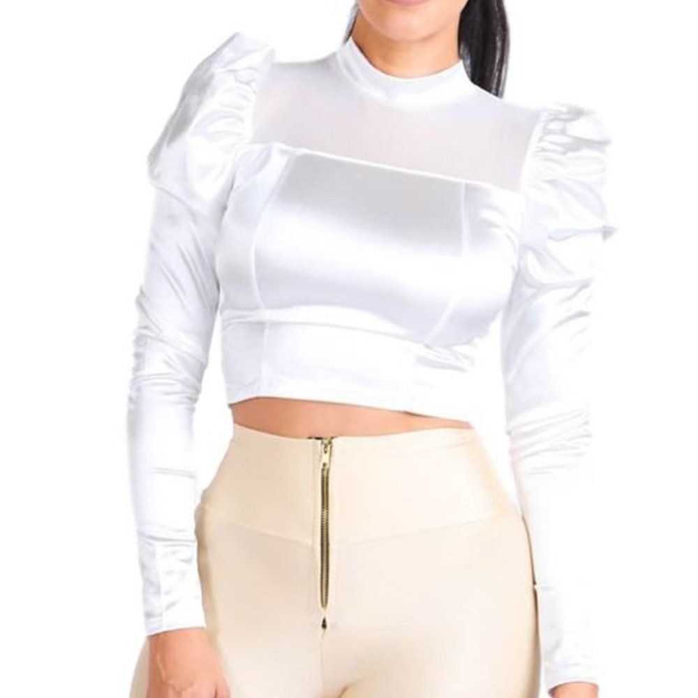 Mesh Contrast Puff Shoulder Satin Top